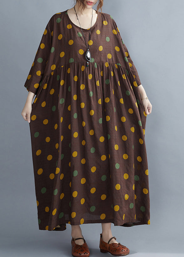 Coffee O-neck Dot Print Party Long Dress Spring