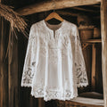 Elegant Lace Embroidery Tassel Art Long Sleeve V-neck Shirt artswardrobe