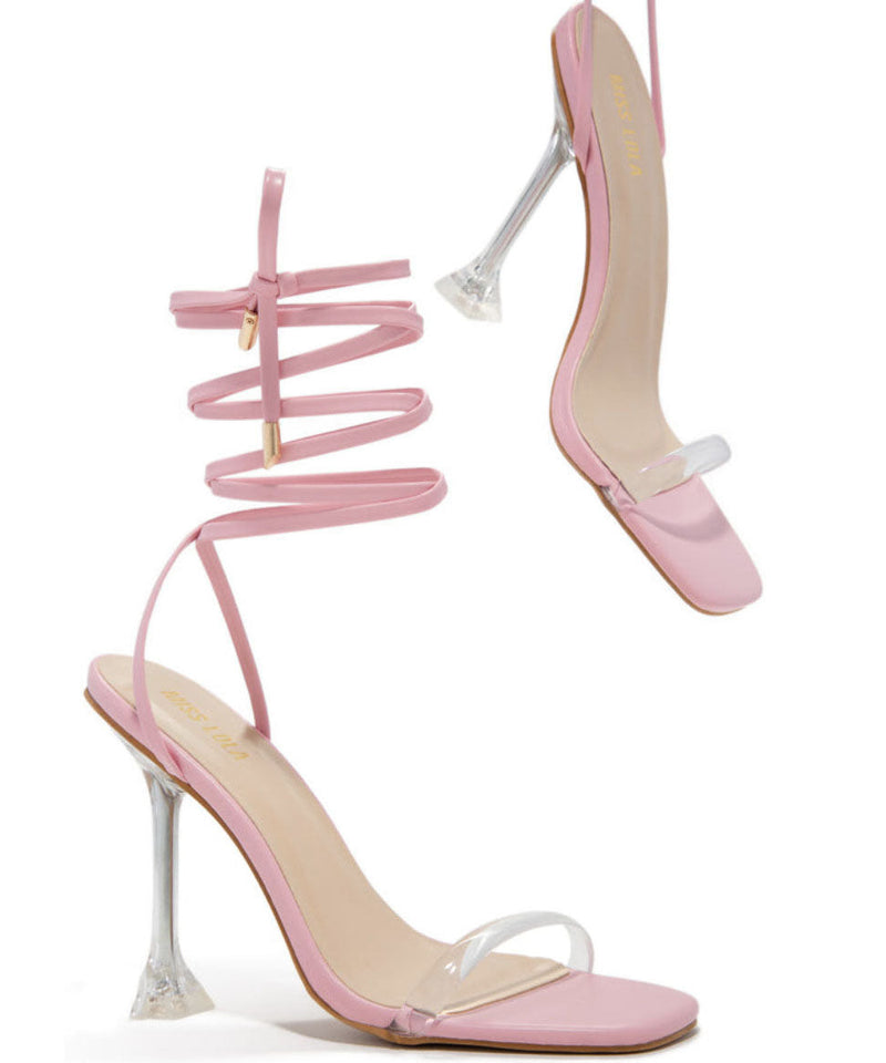 Leopard Print Lace Up Clear Stiletto Heels Peep Toe Sandals for