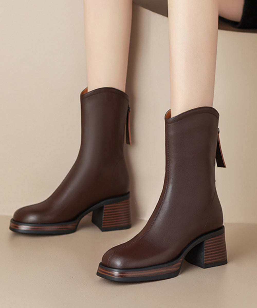 Classy Brown Chunky Short Boots Fuzzy Wool Lined