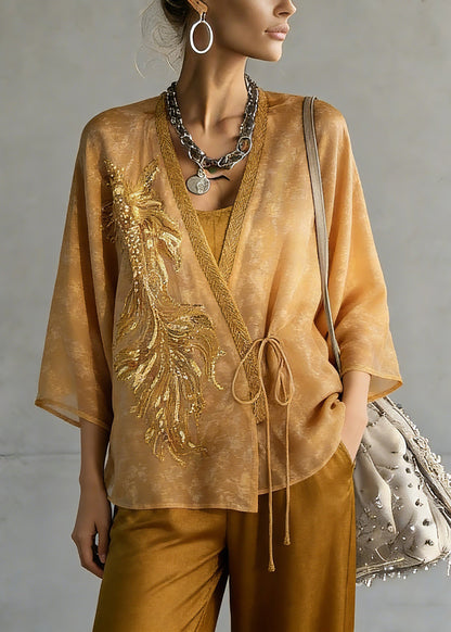 Fine Yellow Embroidered Tie Waist Silk Cardigans Three Quarter Sleeve Sleeve Spring