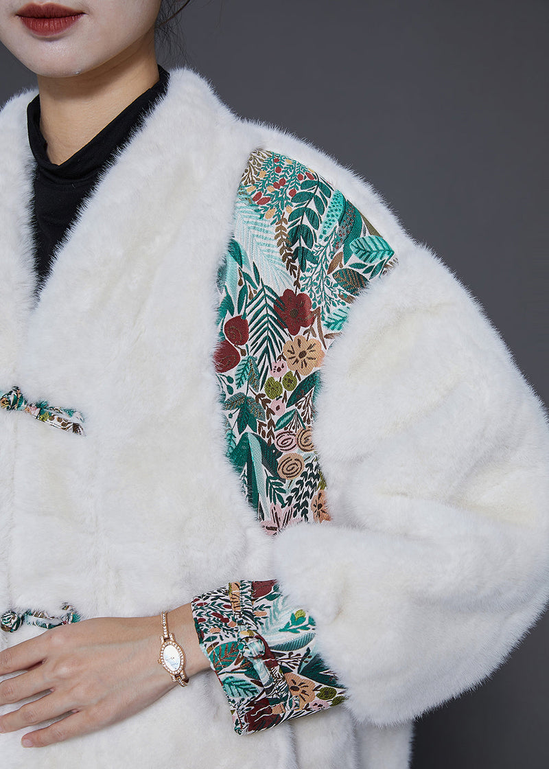 White Oversized Patchwork Chinese Button Faux Fur Jacket Winter