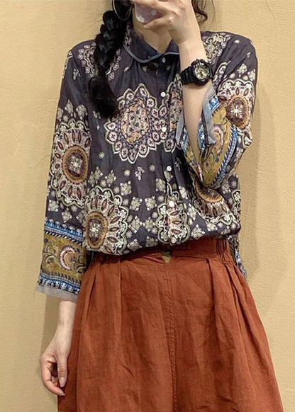 Peter Pan Collar Print Button Linen Shirt Tops Long Sleeve