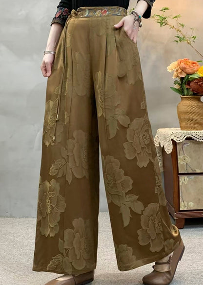 Yellow Tassel Embroidered Pockets Silk Pants Fall