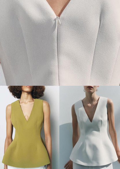 White Zippered Spandex Top V Neck Summer