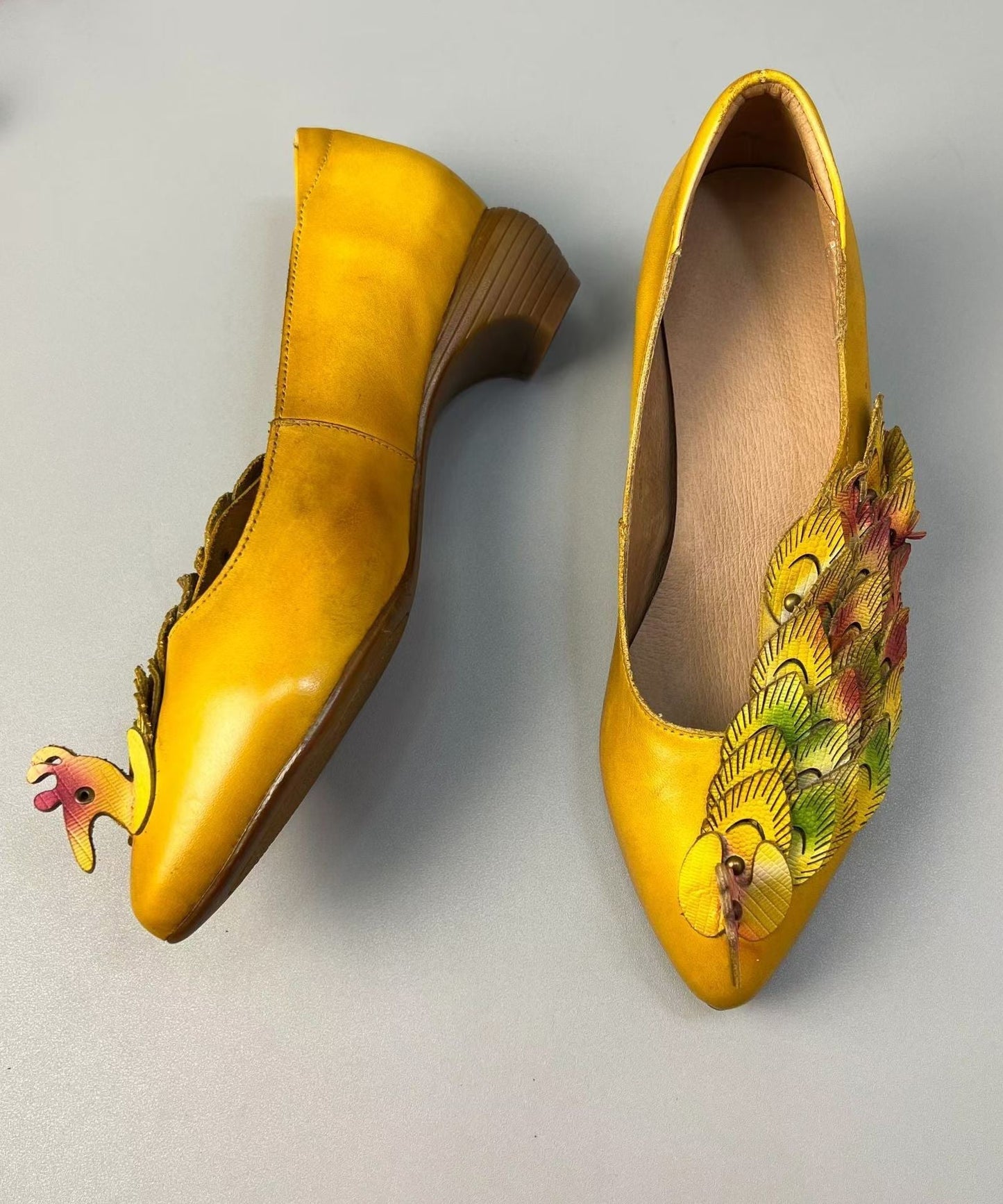 New Retro Style Yellow Pointed Toe Cowhide Leather Shoes