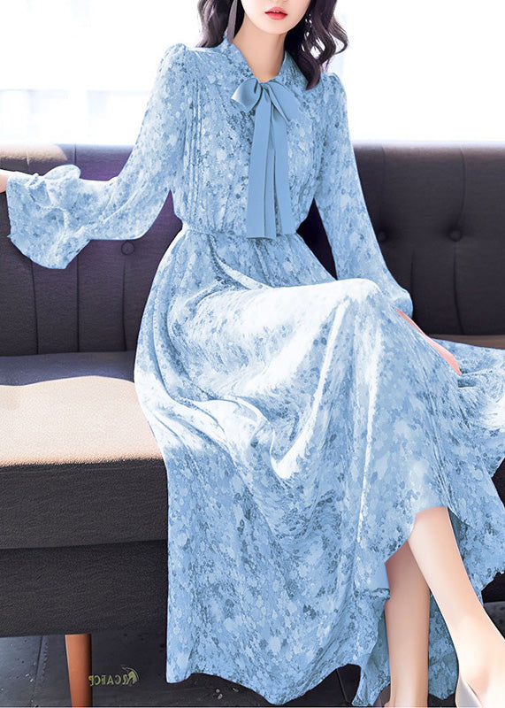 Blue Bow Print High Waist Chiffon Long Dress Fall