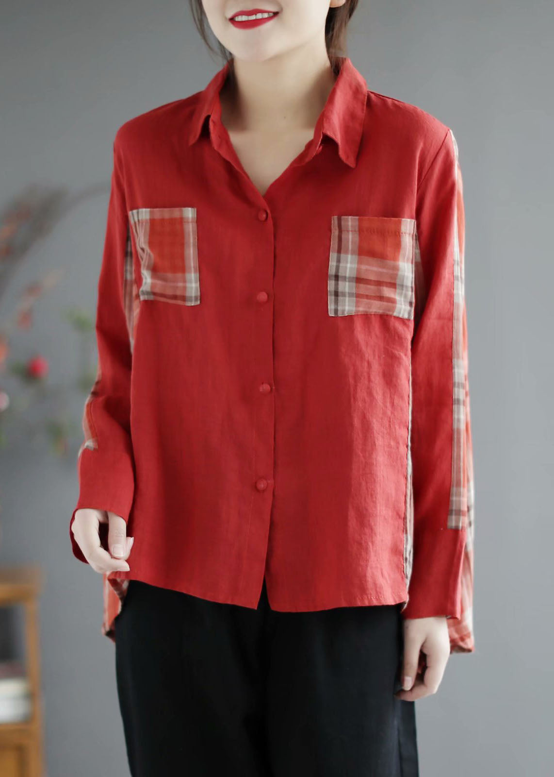 Red Plaid Patchwork Peterpan Collar Button Fall Shirt Long Sleeve