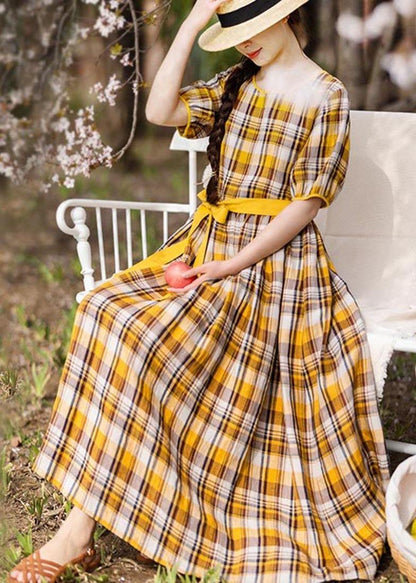 Yellow Plaid Tie Waist Mid Summer Linen Dress