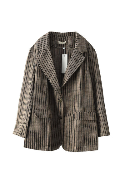 Light Button Pockets V Neck Striped Coats Long Sleeve Fall