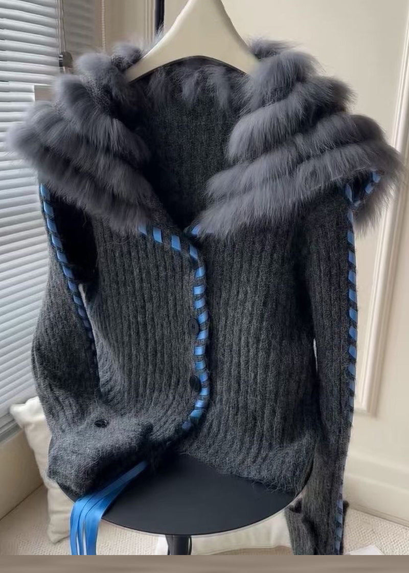 Dark Gray Fur Collar Button Cozy Knit Coat Fall