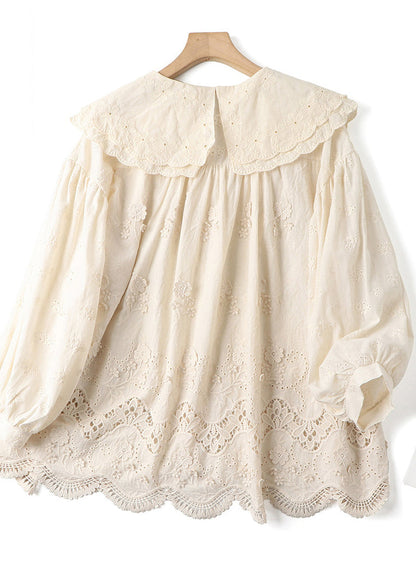 Beige Double-layer Embroidered Cotton Blouses Spring