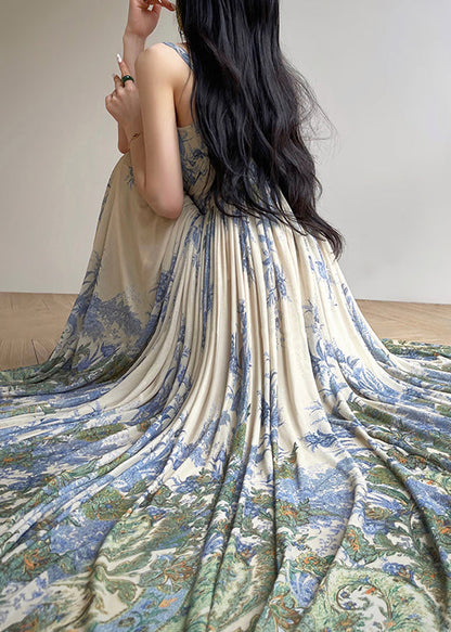 New Blue Wrinkled Print Tulle Spaghetti Strap Dress Sleeveless Summer