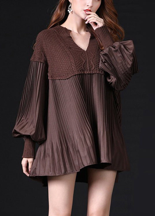 Simple Chocolate Ruffled Knit Knitted Tops Lantern Sleeve