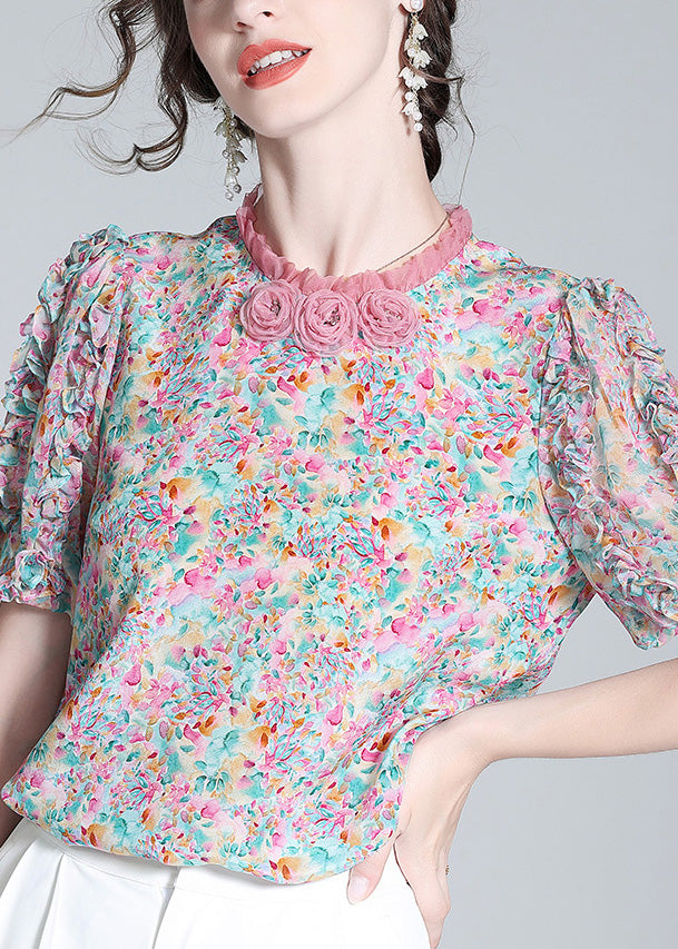 Ruffled Print Button Silk Top Short Sleeve