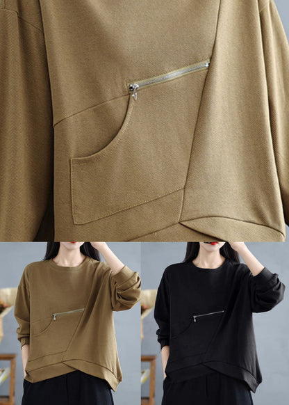 Khaki Zip Up Pockets Patchwork Cotton Top Spring