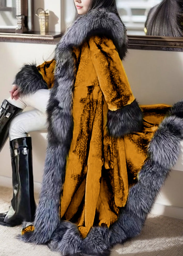 Natural White Fox Collar Tie Waist Leather and Fur Maxi Coats Winter