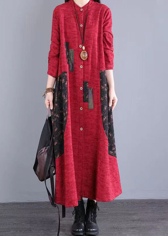 Red Print Pockets Patchwork Cotton Long Dress Button Fall