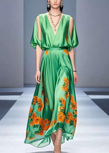 Organic Grass Green Cold Shoulder Print Silk Dress Summer