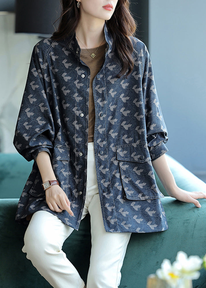 Blue Stand Collar Print Pockets Coats Long Sleeve