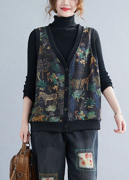 V Neck Print Button Warm Fleece Waistcoatt Winter