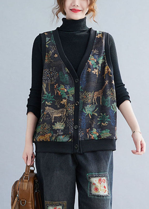 V Neck Print Button Warm Fleece Waistcoatt Winter