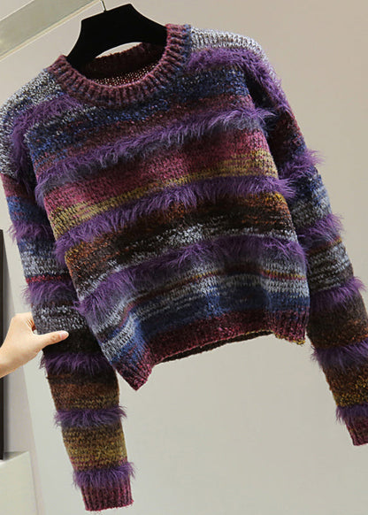 Purple O-neck Thick Striped Cotton Knit Sweater Top Winter