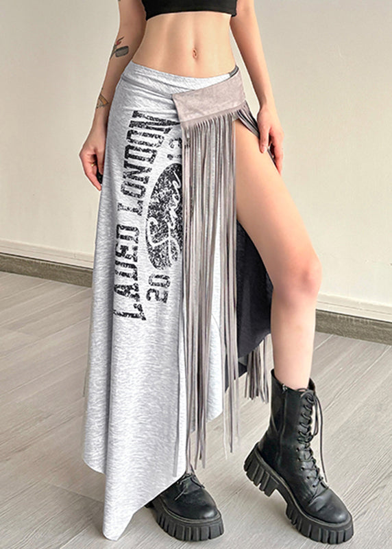 Grey Asymmetrical Graphic Wrinkled Tassel Maxi Skirts Summer