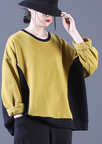 Yellow O-neck Patchwork Loose Fall Pullover Street Wear