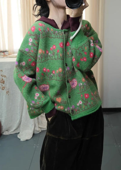 Green O Neck Print Loose Knit Cardigans Spring