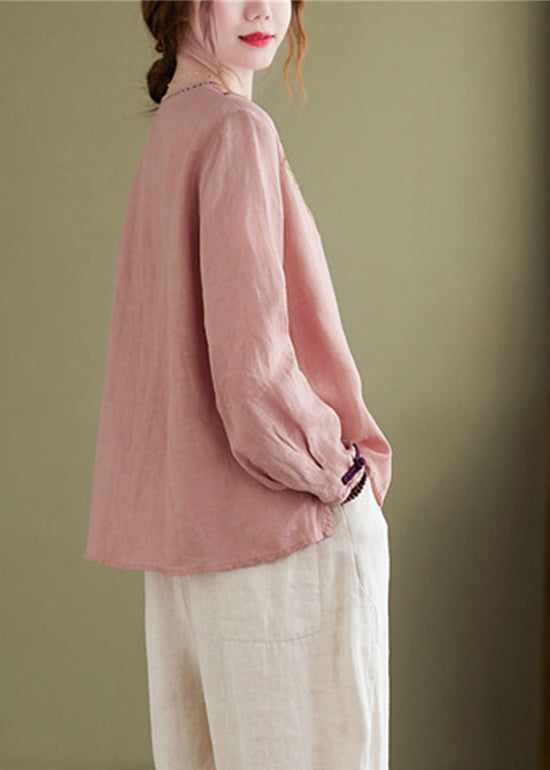 Pink Embroideried Asymmetrical Design Patchwork Top Long Sleeve