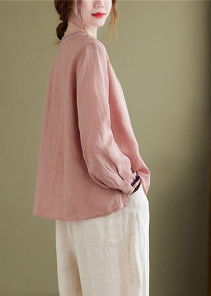 Pink Embroideried Asymmetrical Design Patchwork Top Long Sleeve