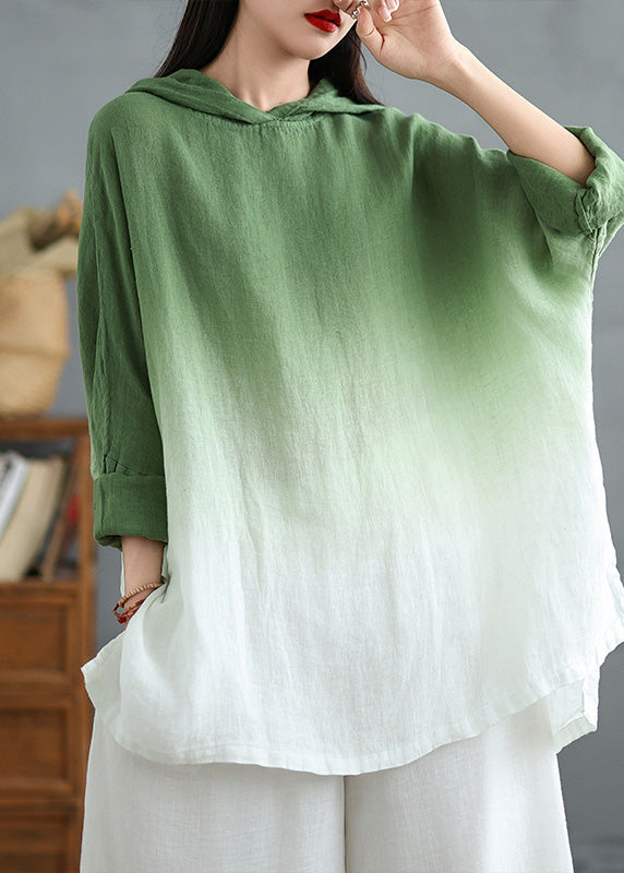 Gradient Green Hooded Linen Loose Sweatshirts Spring