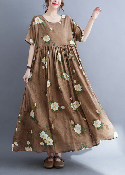 Modern Coffee O-neck Print Long Dress Summer