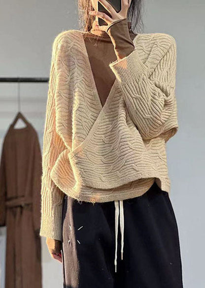 Beige V Neck Oversized Original Design Knit Sweater Winter