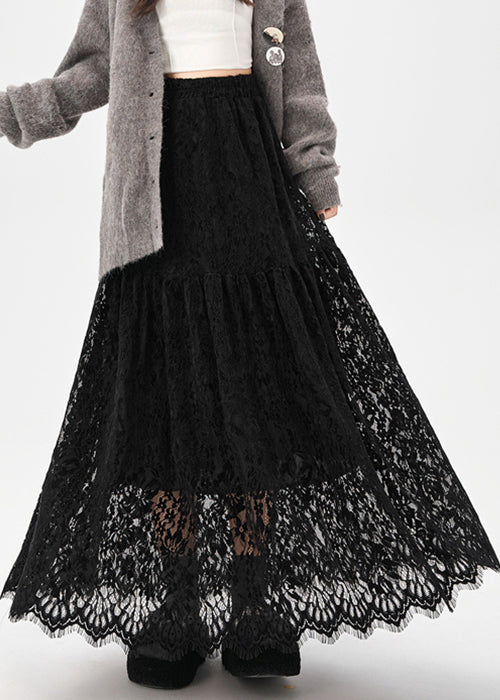 Black Elastic Waist Lace Skirt Hollow Out