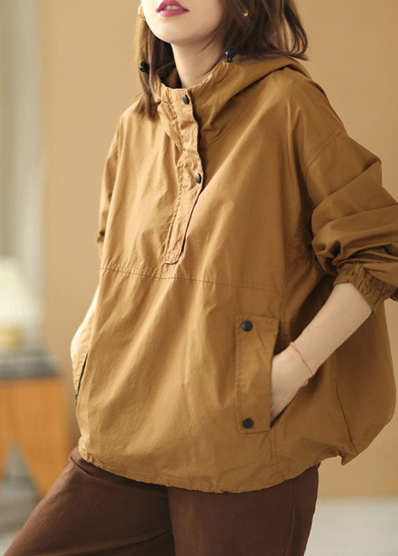 Khaki Hooded Button Pockets Fall Shirt Long Sleeve