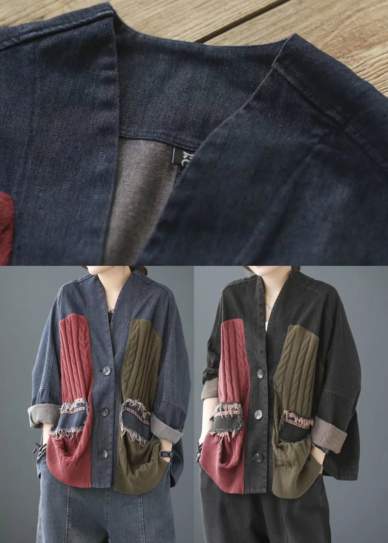 Blue V Neck Knit Patchwork Denim Coats Long Sleeve