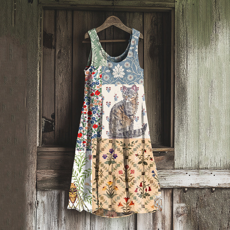 Comstylish Vintage Patchwork Cute Cat And Floral Art Linen Tank Dress