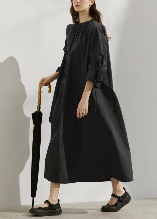 Black O Neck Bow Loose Cotton Dress Summer