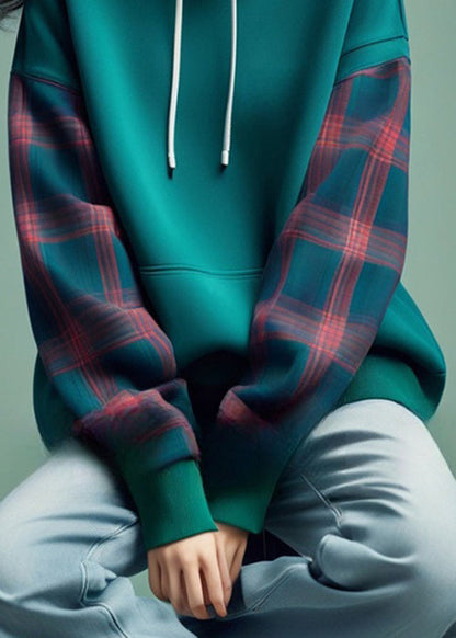 Blue Hooded Plaid Patchwork Cotton Sweatshirts Fall