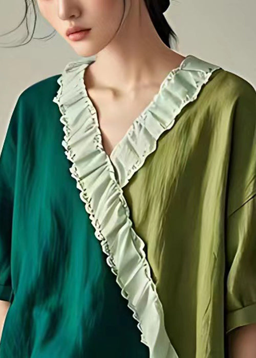 Green Ruffled Patchwork Cotton T Shirt Summer
