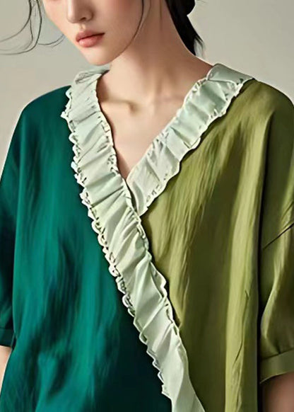 Green Ruffled Patchwork Cotton T Shirt Summer