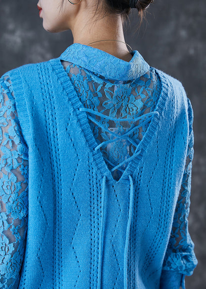 Blue Hollow Out Knit Vest and Lace Shirt Two Piece Set Spring
