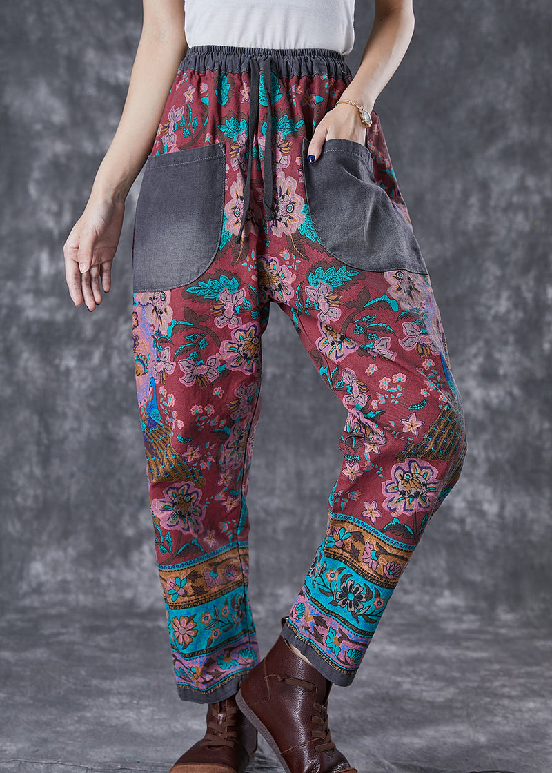 Red Print Elastic Waist Patchwork Pockets Cotton Harem Pants Fall