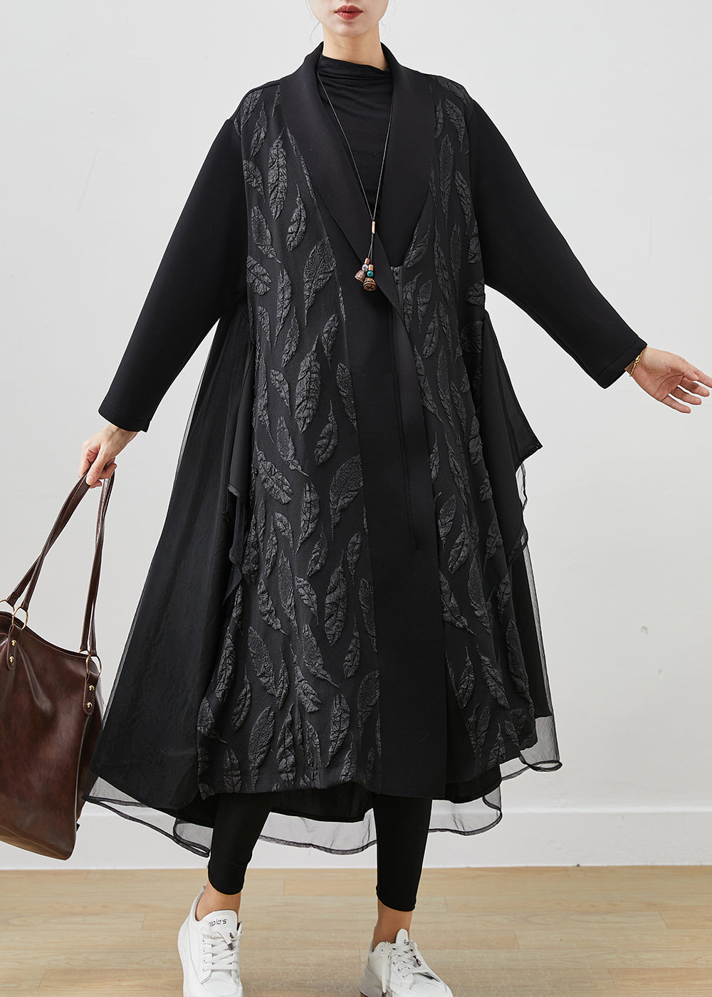 Black Oversized Patchwork Jacquard Cotton Trench Coats Spring