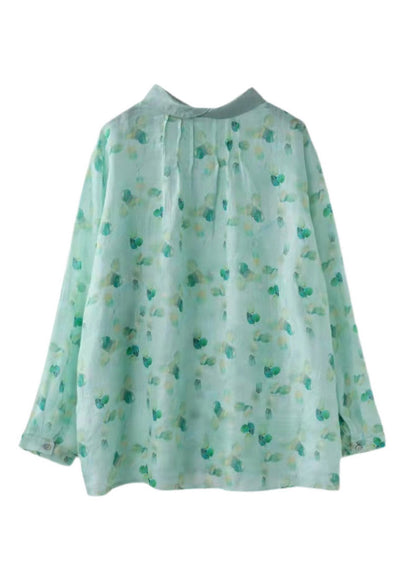 Light Green Peter Pan Collar Print Shirt Tops Long Sleeve