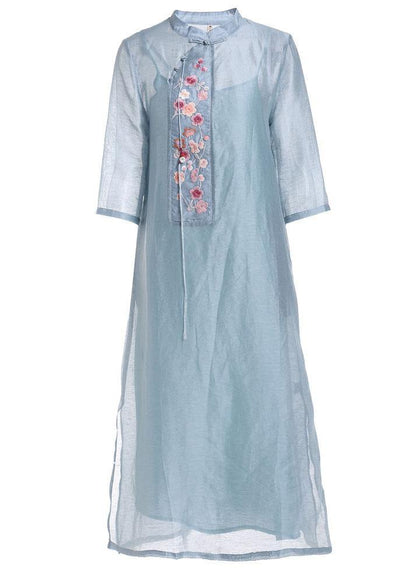 Blue Side Open Embroideried Summer Linen Vacation Dresses Half Sleeve