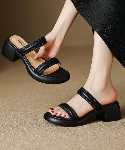 Beige Cowhide Leather Splicing Slide Sandals Peep Toe