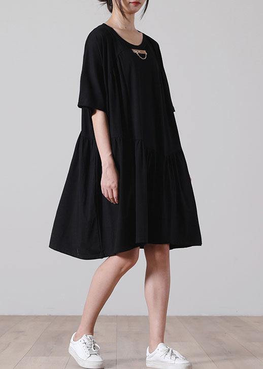 French Black Asymmetrical Cotton Dress Summer Dresses